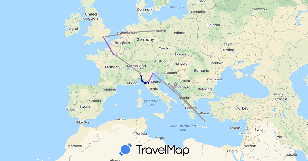 TravelMap itinerary: driving, plane, train in Germany, France, United Kingdom, Greece, Croatia, Italy (Europe)